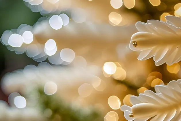 AI genererad julgransbild med vita dekorationer. Eget foto som referensbild för AI Adobe Firefly. 