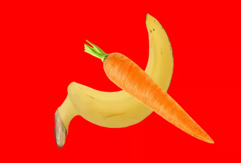Morot och banan på röd bakgrund. Ilustration.
