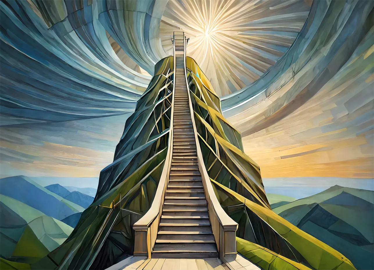 En lång trappa uppför ett berg. Illustration/Firefly AI.