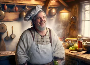 Glad man står i ett Hobbit-kök och lagar mat. AI-genererad bild (Adobe Firefly)/Janni Lundqvist Vedam 